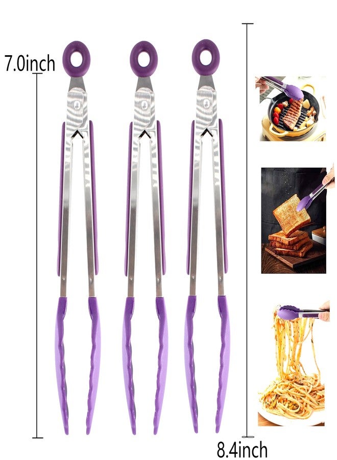 Septe 7Inch Mini Silicone Kitchen Tongs for serving food, Small Serving Tongs with Silicone Tips, Set of 3 (Purple) - Image 2