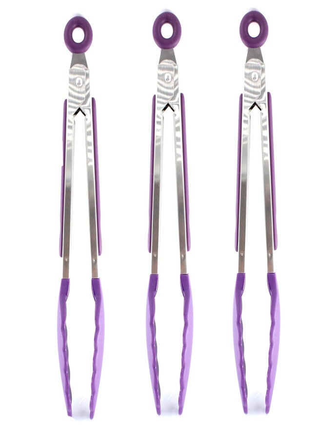 Septe 7Inch Mini Silicone Kitchen Tongs for serving food, Small Serving Tongs with Silicone Tips, Set of 3 (Purple) - Image 1