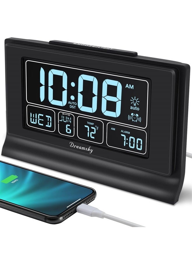 DreamSky Digital Alarm Clock with Battery Backup for Bedroom, Auto Set Clock with USB Charging Ports, 5 Inch Large Display with Date Weekday Temperature, Auto DST, Brightness Dimmer, Snooze, 12/24H - Image 1