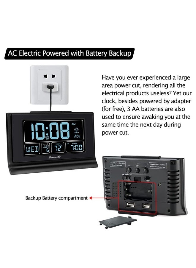 DreamSky Digital Alarm Clock with Battery Backup for Bedroom, Auto Set Clock with USB Charging Ports, 5 Inch Large Display with Date Weekday Temperature, Auto DST, Brightness Dimmer, Snooze, 12/24H - Image 5