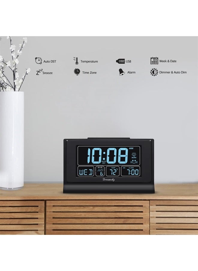DreamSky Digital Alarm Clock with Battery Backup for Bedroom, Auto Set Clock with USB Charging Ports, 5 Inch Large Display with Date Weekday Temperature, Auto DST, Brightness Dimmer, Snooze, 12/24H - Image 4