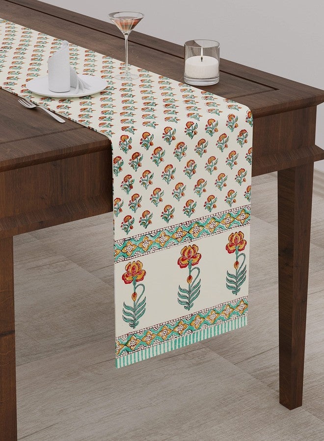 BLOCKS OF INDIA Hand Block Printed Cotton Table Runner for Center/Dining Table (13 x 72 Inches) (Turquoise Flower) - Image 1