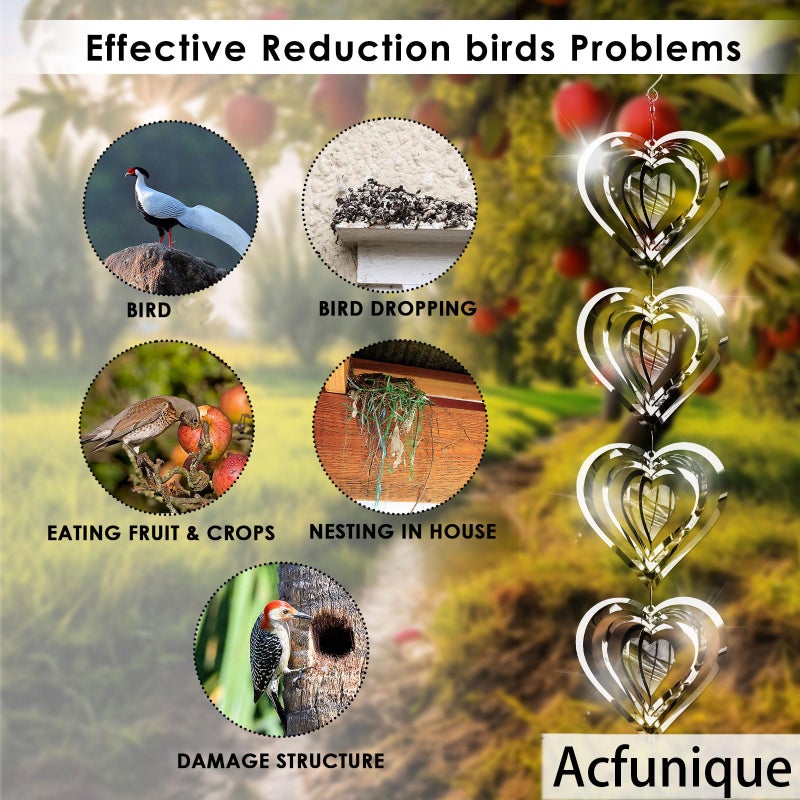 Acfunique Bird Deterren for Outside Patio,Bird Scare Devices Discs Reflectors Stainless Steel Wind Spinners Reflective Heart Metal Bird Repellen to Keep Birds Away Porch Garden Yard Sparkly Double Side Spinners - Image 3
