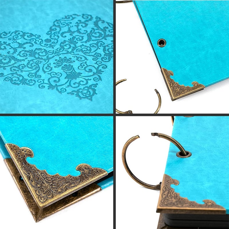 ADVcer Photo Album DIY Scrapbook, 10x10 inch 50 Pages Vintage Leather Cover Three-Ring Binder Picture Booth Albums + 9 Colors 408pcs Self Adhesive Photos Corners for Personalized Memory Keep (Cyan) - Image 3