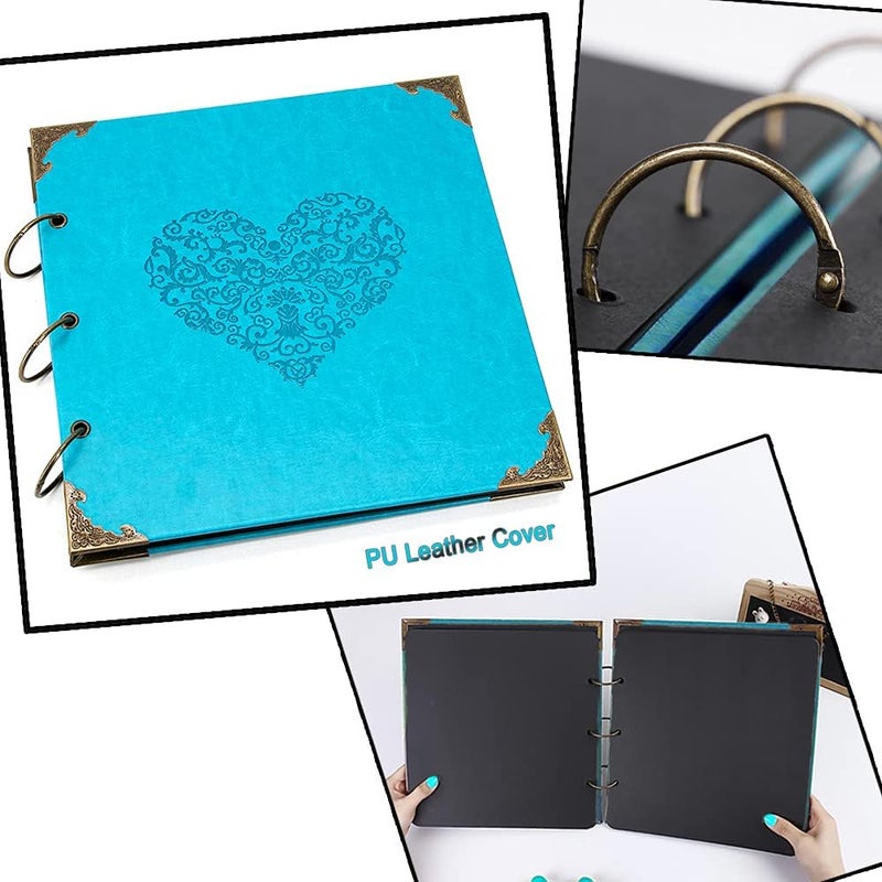 ADVcer Photo Album DIY Scrapbook, 10x10 inch 50 Pages Vintage Leather Cover Three-Ring Binder Picture Booth Albums + 9 Colors 408pcs Self Adhesive Photos Corners for Personalized Memory Keep (Cyan) - Image 2