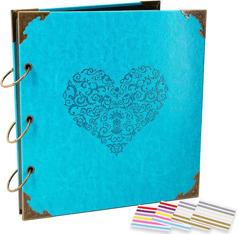 ADVcer Photo Album DIY Scrapbook, 10x10 inch 50 Pages Vintage Leather Cover Three-Ring Binder Picture Booth Albums + 9 Colors 408pcs Self Adhesive Photos Corners for Personalized Memory Keep (Cyan) - Image 1
