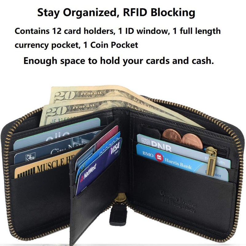 Blukey Genuine Leather Zipper Wallet With Coin Pocket, RFID Blocking Zip Around Front Pocket Bifold Wallet, Gift for Men (Black) - Image 3