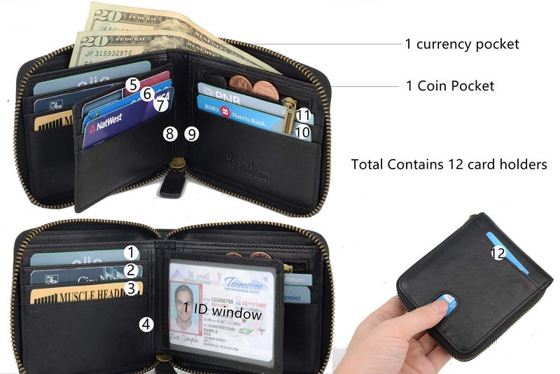Blukey Genuine Leather Zipper Wallet With Coin Pocket, RFID Blocking Zip Around Front Pocket Bifold Wallet, Gift for Men (Black) - Image 5