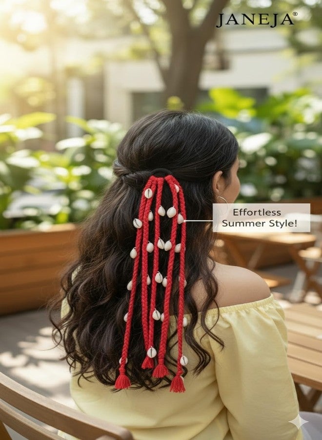 JANEJA Festival Hair Accessories for Navratri | Rainbow Multicolour Hair Braid Extension for Girls & Women | Stylish Boho Braids with Beads, Shells & Rubber Band - Image 5