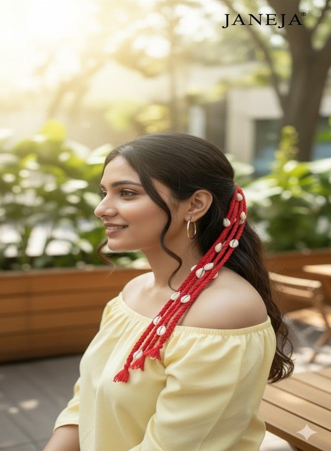 JANEJA Festival Hair Accessories for Navratri | Rainbow Multicolour Hair Braid Extension for Girls & Women | Stylish Boho Braids with Beads, Shells & Rubber Band - Image 3