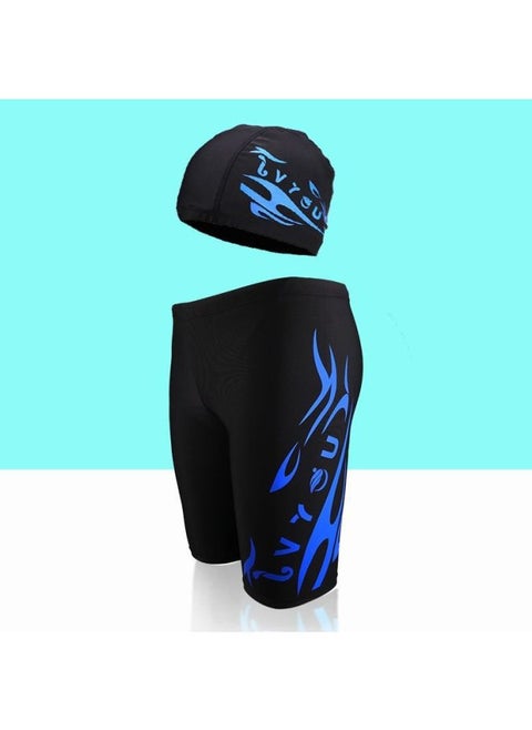 Men's Swimming Trunks And Swimming Cap Set Learning Swimming Equipment Quick-Drying Boxer Hot Spring Large Size Flame Five-Point Swimming Trunks-Color:8702 Five-point Blue Label Pants + Hat-l (recommended Weight 30-45kg )