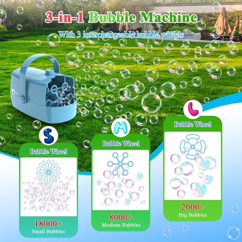 Wisdomlit Bubble Machine, 3-in-1 Bubble Maker, Bubble Blower with 3 Bubble Wheels, Make Small | Medium | Big Bubbles for Kids Toddlers, Bubble Toys for Indoor Outdoor Birthday Party (Blue) - Image 2