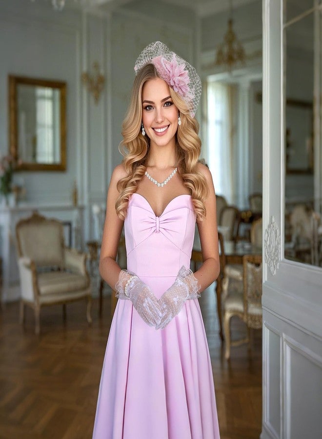 Heliltd 5Pcs Fascinators for Women Tea Party Fascinator Hat for Women Veil Tea Party Hats and Gloves Set (Mauve Pink, 0-1) - Image 2