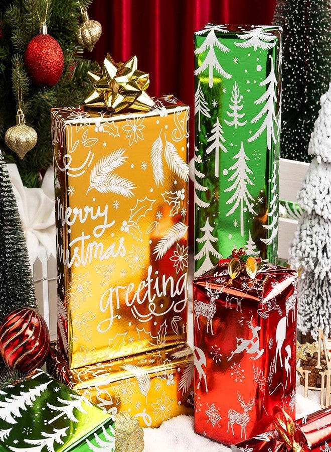 Merture 3 Rolls Christmas Wrapping Paper Set - 17 inch x 120 inch per Roll - Red, Green, Gold Metallic Gift Wrap With Reindeer, Christmas Tree, Snowflake, Dahlia Design - Image 2