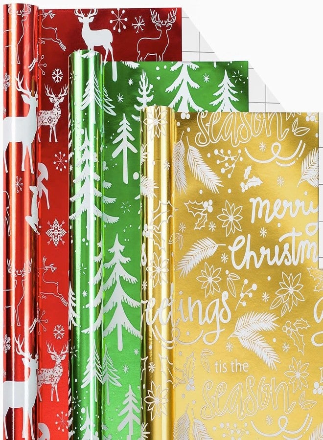 Merture 3 Rolls Christmas Wrapping Paper Set - 17 inch x 120 inch per Roll - Red, Green, Gold Metallic Gift Wrap With Reindeer, Christmas Tree, Snowflake, Dahlia Design - Image 1
