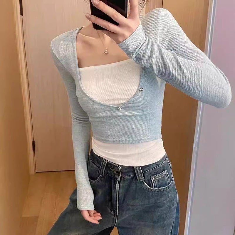 Korean Low-Neck Right-Shoulder Long-Sleeved T-Shirt For Women Early Autumn Fake Two-Piece Slim-Fitting Bottoming Top Lazy Harajuku Trbottomy Artsy - Image 2