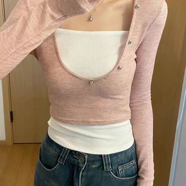 Korean Low-Neck Right-Shoulder Long-Sleeved T-Shirt For Women Early Autumn Fake Two-Piece Slim-Fitting Bottoming Top Lazy Harajuku Trbottomy Artsy - Image 3