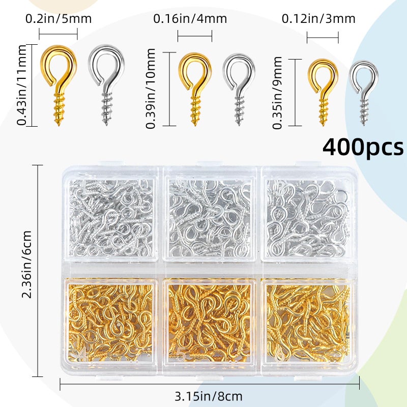 TKYZMS 400pcs Small Screw Eye Pins,Eye Hooks Screws,Mini Eyelet Screws,Eyelets Screw Threaded Silver Clasps,Perfect for Jewelry Making,Crafts,Cork Top Bottles,DIY Making and Charm Bead Pieces(Gold,Sliver) - Image 3