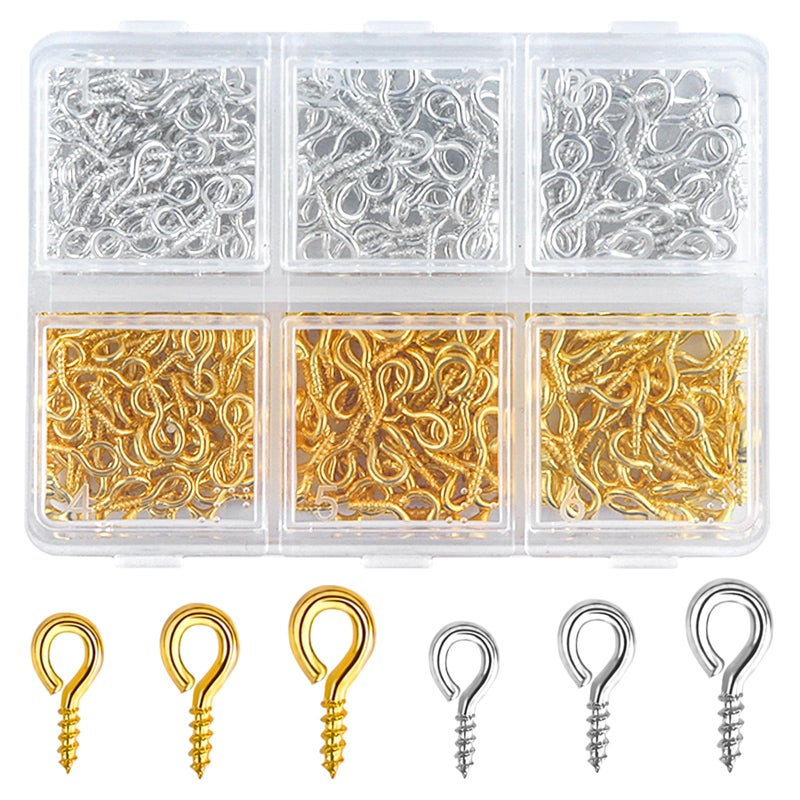 TKYZMS 400pcs Small Screw Eye Pins,Eye Hooks Screws,Mini Eyelet Screws,Eyelets Screw Threaded Silver Clasps,Perfect for Jewelry Making,Crafts,Cork Top Bottles,DIY Making and Charm Bead Pieces(Gold,Sliver) - Image 1