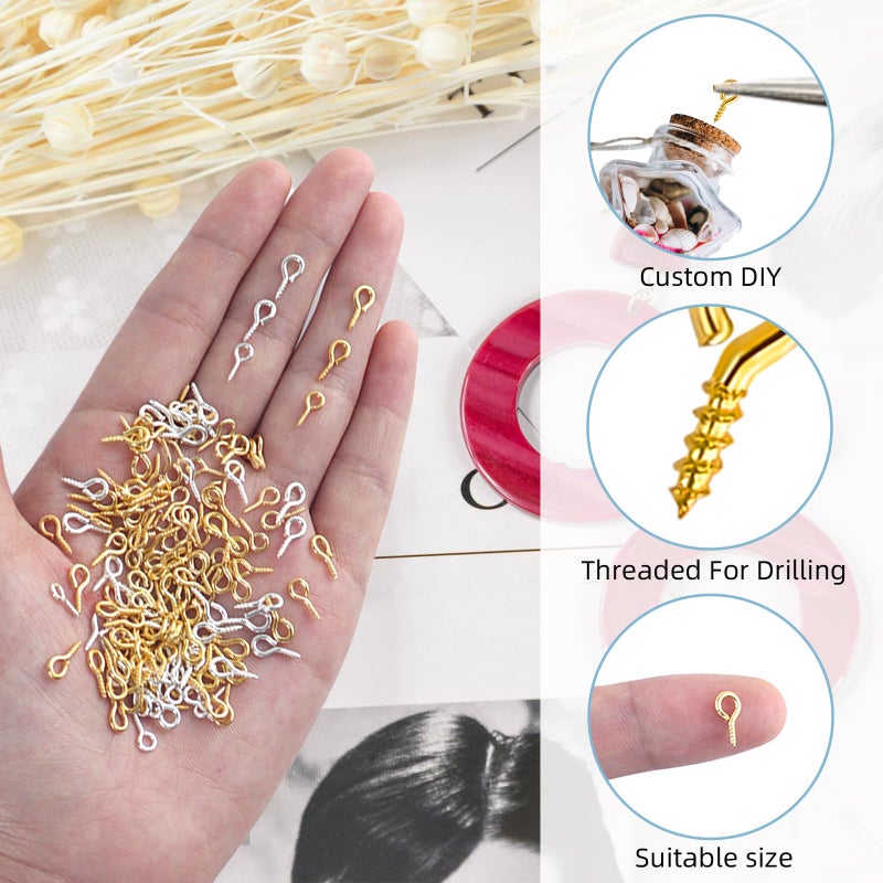 TKYZMS 400pcs Small Screw Eye Pins,Eye Hooks Screws,Mini Eyelet Screws,Eyelets Screw Threaded Silver Clasps,Perfect for Jewelry Making,Crafts,Cork Top Bottles,DIY Making and Charm Bead Pieces(Gold,Sliver) - Image 2