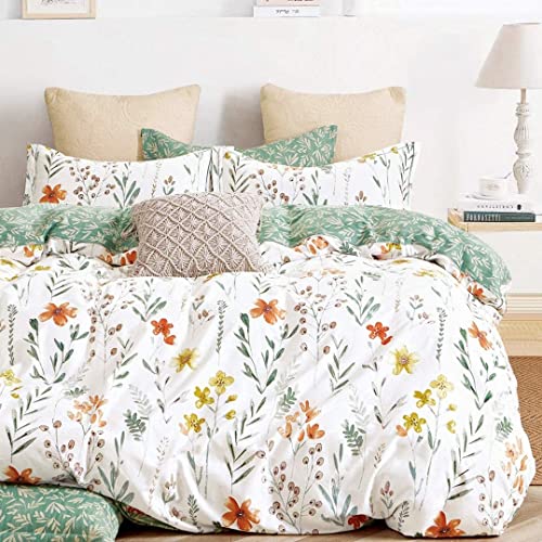 SLEEPBELLA King Size Comforter Set Yellow Flowers  Green Botanical Pattern Printed on White 100 Cotton Fabric Ultra Soft Microfiber Inner Fill 3Pcs Bedding Set