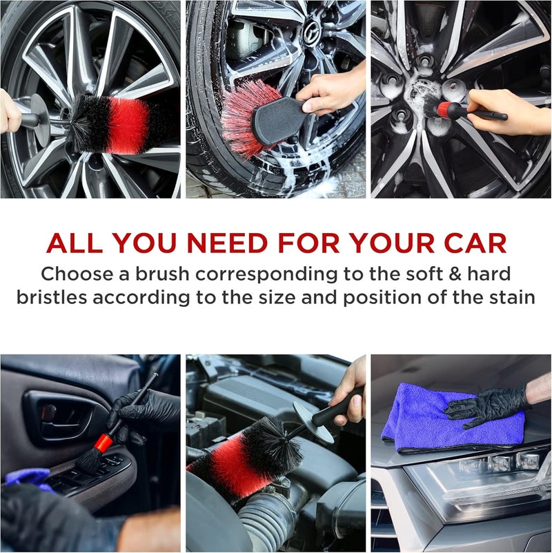 TAKAVU مجموعة فرش عجلات وإطارات للعناية بالسيارة 8 قطع، فرشاة عجلات طويلة 17 بوصة بشعيرات ناعمة، 5 فرش تفصيلية، فرشاة إطارات وقطعة قماش تنظيف من الأل��اف الدقيقة لتنظيف العجلات، لوحة القيادة، الداخلية، الخارجية - Image 5