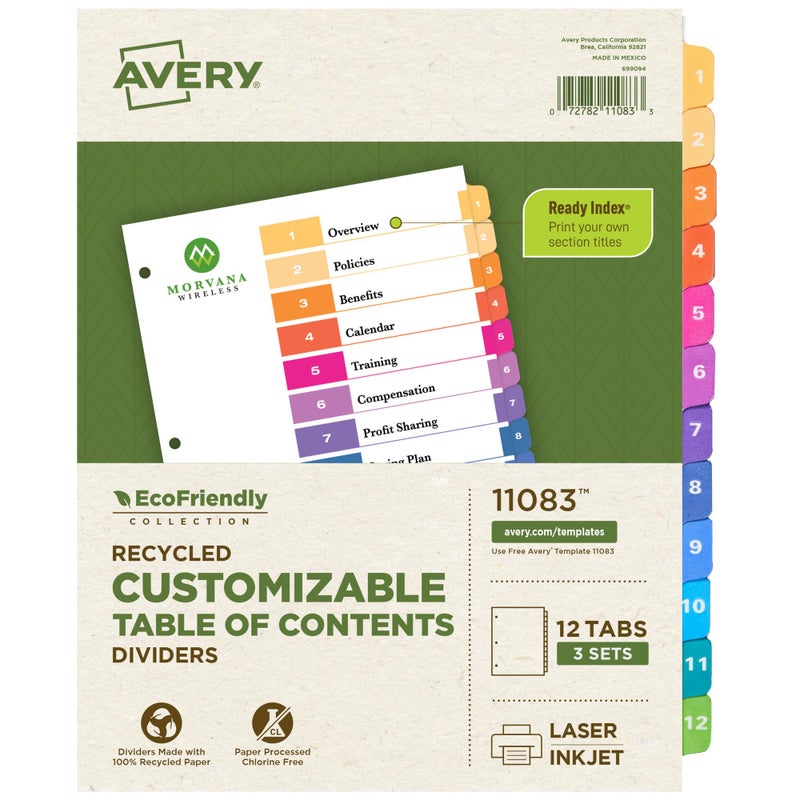 Avery EcoFriendly Recycled Dividers for 3 Ring Binders, 12 Tabs per Set, Customizable Table of Contents, Multicolor Tabs, Great for Organizing Reports, Projects, and More (3 Sets of 11083) - Image 1
