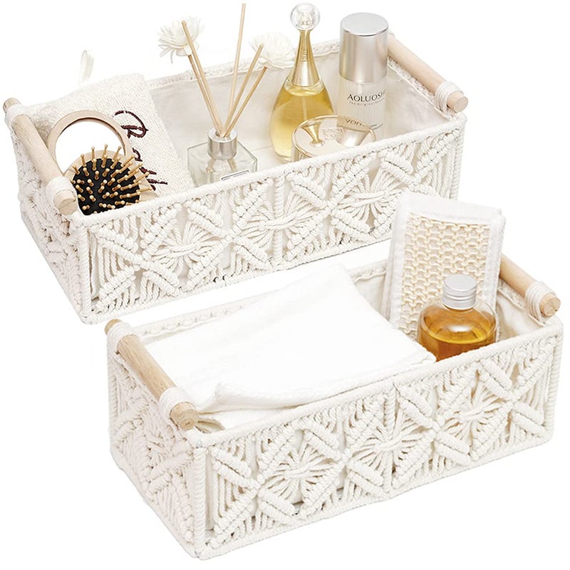 HOSROOME Macrame Storage Basket Boho Decor Baskets for Organizing Woven Decorative for Countertop Toilet Paper Basket for Tank Top for Home Decor Bedroom Nursery Livingroom Entryway Set of 2