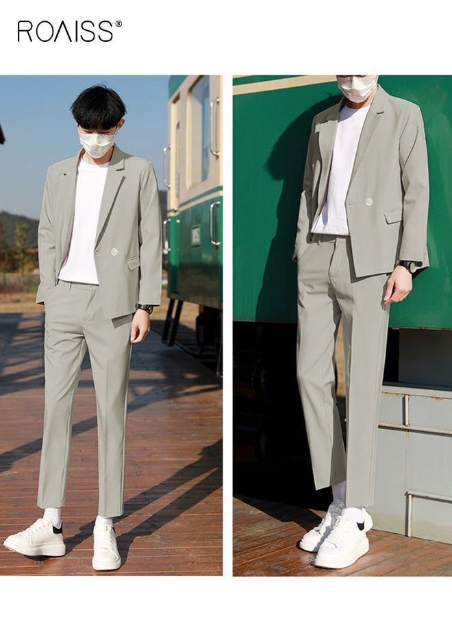 رويس بدلات رجالية مكونة من قطعتين بدلة ترفيهية عادية ضيقة للرجال مع صدرية مزدوجة وزر واحد ورقبة مدببة ومجموعة سترات وسراويل رسمية غير رسمية للعمل - Image 4