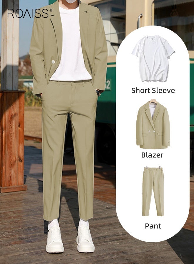 roaiss Mens Suits 3 Piece Regular Slim Fit Leisure Suit for Men with Double Breasted 1 Button Notched Neck Business Casual Formal Blazers T Shirt and TrouserSet - Image 1