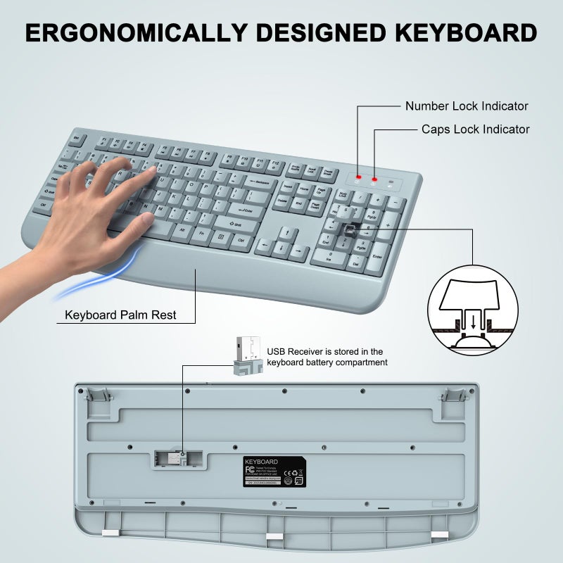 ULSOU Wireless Keyboard and Mouse Combo, ULSOU 2.4G Full-Sized Ergonomic Computer Keyboard with Wrist Rest and 3 Level DPI Adjustable Wireless Mouse for Windows, Mac OS Desktop/Laptop/PC(Grey) - Image 2