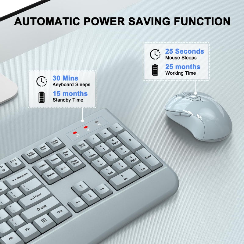 ULSOU Wireless Keyboard and Mouse Combo, ULSOU 2.4G Full-Sized Ergonomic Computer Keyboard with Wrist Rest and 3 Level DPI Adjustable Wireless Mouse for Windows, Mac OS Desktop/Laptop/PC(Grey) - Image 5