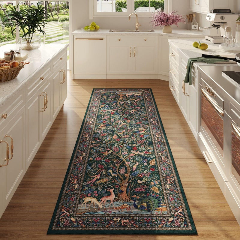Rugcomf Runner Rug Vibrant Tree of Life-Patterned Vintage Kitchen Rugs Non Slip Washable Soft Carpet Runner for Laundry Bedroom Bathroom, Green - Image 1