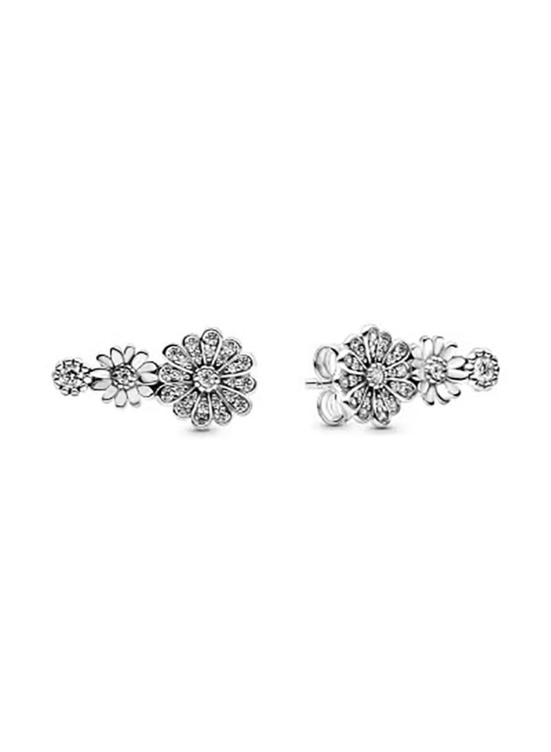 Pan Home Silver Daisy Diamond-Encrusted Earrings, Vintage Floral Design