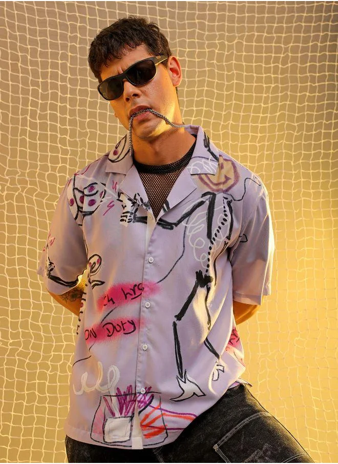 شركة المرآب الهندية Men Oversized Graphic Print Half Sleeves Cuban Collar Street Wear Shirt