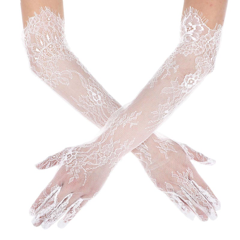 Yolev Lace Gloves Women Elegant Floral Mesh Tulle Sheer Long Tea Party 1920s Elbow Length Bridal Wedding Gloves For Wedding Engagement Cocktail Cosplay Masquerade (White) - Image 1
