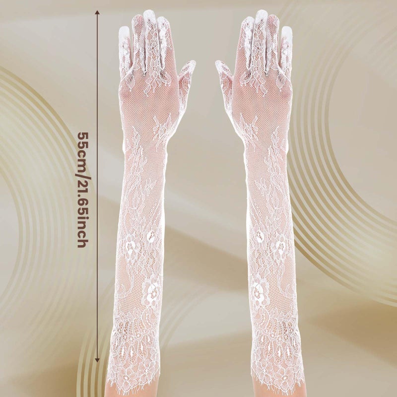 Yolev Lace Gloves Women Elegant Floral Mesh Tulle Sheer Long Tea Party 1920s Elbow Length Bridal Wedding Gloves For Wedding Engagement Cocktail Cosplay Masquerade (White) - Image 2