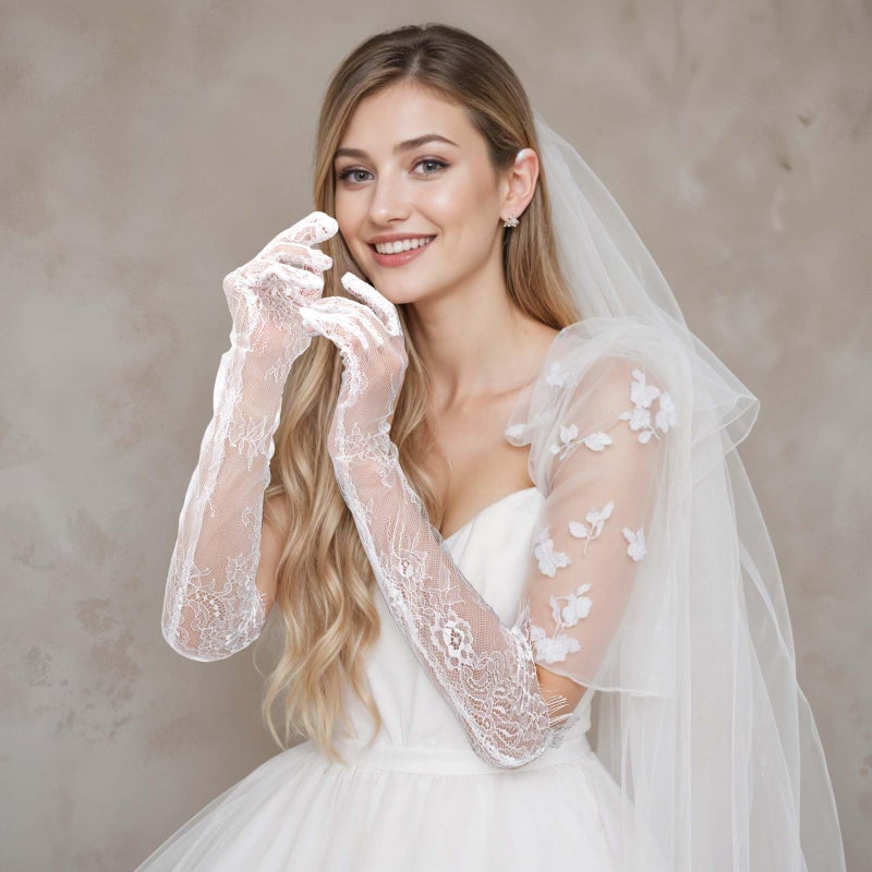 Yolev Lace Gloves Women Elegant Floral Mesh Tulle Sheer Long Tea Party 1920s Elbow Length Bridal Wedding Gloves For Wedding Engagement Cocktail Cosplay Masquerade (White) - Image 4