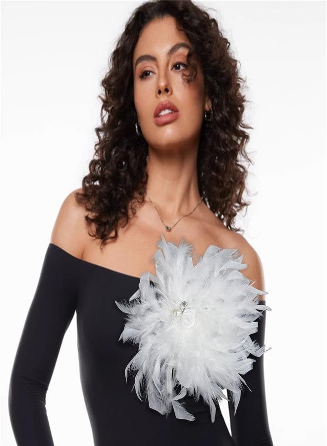 Dtja Dainty Lady Feather Flower Wedding Brooch Pin for Women Girls Elegant Rhinestone Shell Pearl Fascinator Hair Clip Hatpin Corsage Lapel Pins Bridal Cocktail Party Costume Accessories 9in (White) - Image 2