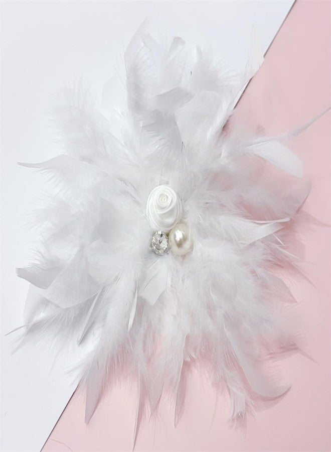 Dtja Dainty Lady Feather Flower Wedding Brooch Pin for Women Girls Elegant Rhinestone Shell Pearl Fascinator Hair Clip Hatpin Corsage Lapel Pins Bridal Cocktail Party Costume Accessories 9in (White) - Image 4