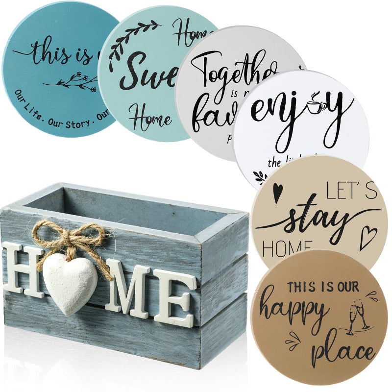 Queekay Housewarming Gifts for Home Decoration Wooden Heart Coasters for Drinks 6 Set Farmhouse Coasters with Holder Funny for Family Coffee Table Protection 4Ocean Color