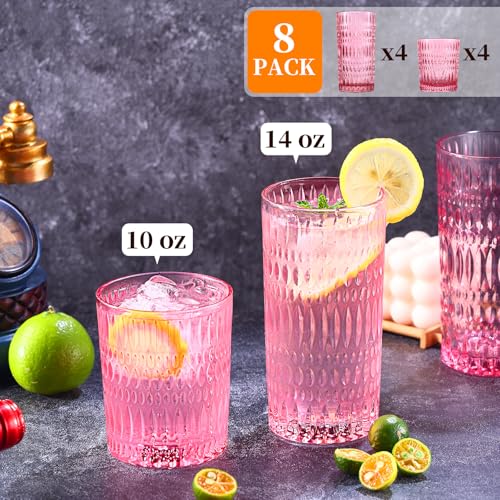 Loivttvv Glassware Drinking Glasses Set of 8, 14 oz Highball Glasses & 10 oz Ribbed Glass Cups, Vintage Glassware for Water, Juice, Cocktail, Whiskey (Pink) - Image 2