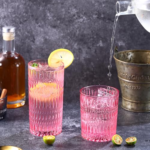 Loivttvv Glassware Drinking Glasses Set of 8, 14 oz Highball Glasses & 10 oz Ribbed Glass Cups, Vintage Glassware for Water, Juice, Cocktail, Whiskey (Pink) - Image 4