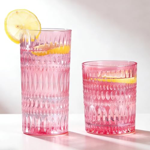 Loivttvv Glassware Drinking Glasses Set of 8, 14 oz Highball Glasses & 10 oz Ribbed Glass Cups, Vintage Glassware for Water, Juice, Cocktail, Whiskey (Pink) - Image 1