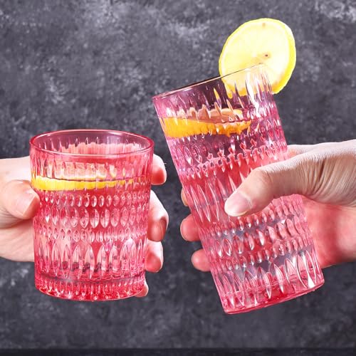 Loivttvv Glassware Drinking Glasses Set of 8, 14 oz Highball Glasses & 10 oz Ribbed Glass Cups, Vintage Glassware for Water, Juice, Cocktail, Whiskey (Pink) - Image 3
