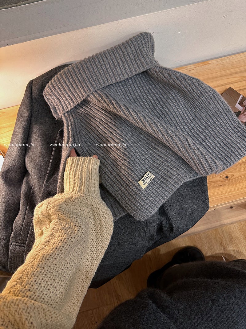 Fashionable Side Slit Polo Turtle Neck Womens Autumn Winter Korean Style Versatile Knit Scarf Warm Pullover Hairline Casual gray 