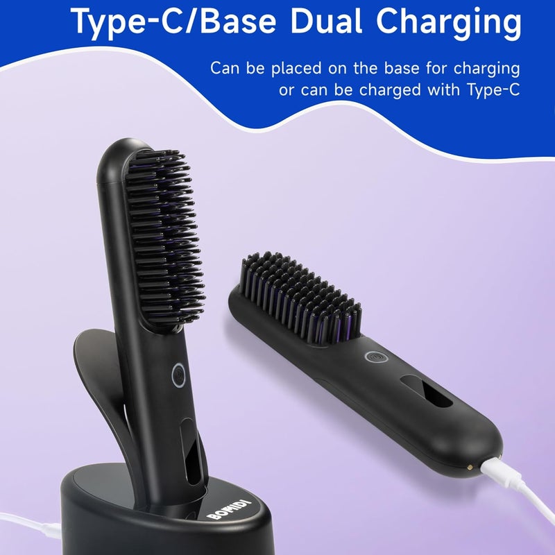BOMIDI Cordless Hair Straightener Brush with Detachable for Easy Clean, 200M Negative Ions, 6-Speed Smart Temp Control and Type-C/Base Dual Charging, Travel-Friendly Styling Tool - Black - Image 3