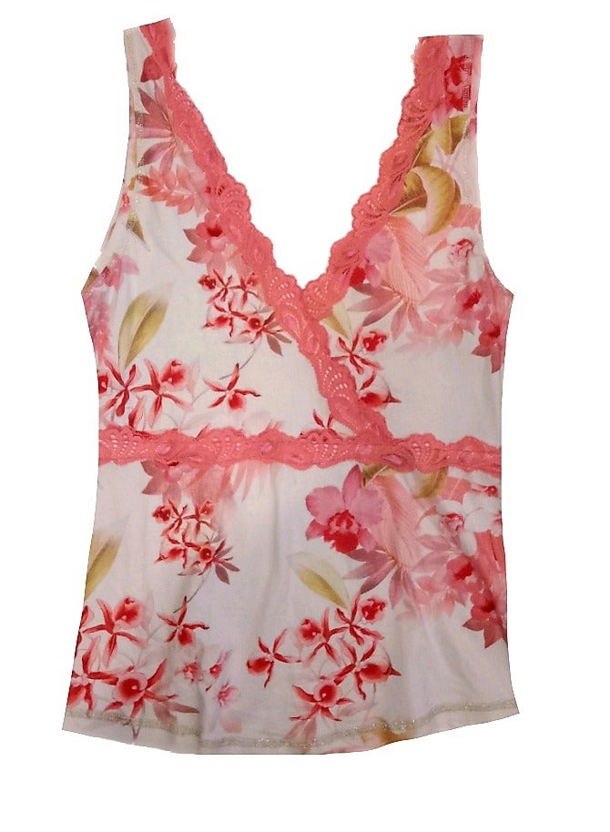Women floral print basic cotton top sleeveless with lace - Image 1