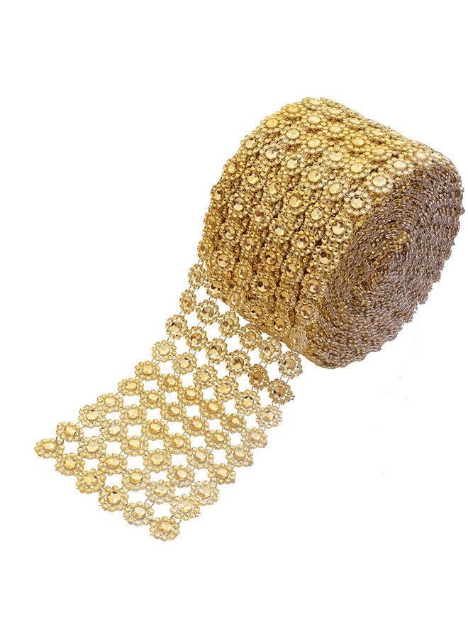 YYaaloa Crafts Faux Diamond Bling Wrap 4" x 10 Yards 6 Rows Gold Flower Pattern Faux Rhinestone Crystal Mesh Ribbon Roll for Wedding, Party, Centerpiece, Cake, Vase Sparkling Decoration (Gold) - Image 1