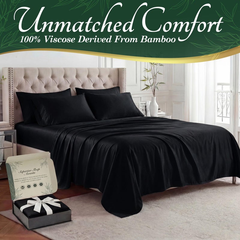 DECOLURE 100% Viscose Derived from Bamboo Sheets King Size - Luxury 6 Pc Naturally Cooling Sheets, Ultra Soft Bed Set - Deep 17" Pockets, Durable Double Stitching, Oeko Tex Standard (Black) - Image 2